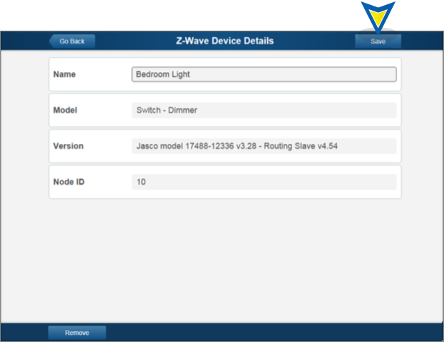 Z Wave Device Details Screen with Save Button